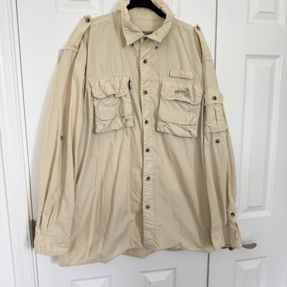 Natural Gear Mens Long Sleeve Fishing Shirt Tan Khaki Vented Mesh Back Large EUC